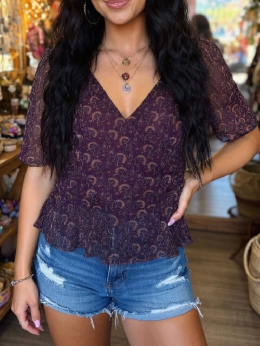 American Eagle Purple Paisley Sheer Mesh Faux-Wrap Peplum Puff Sleeve Top - S
